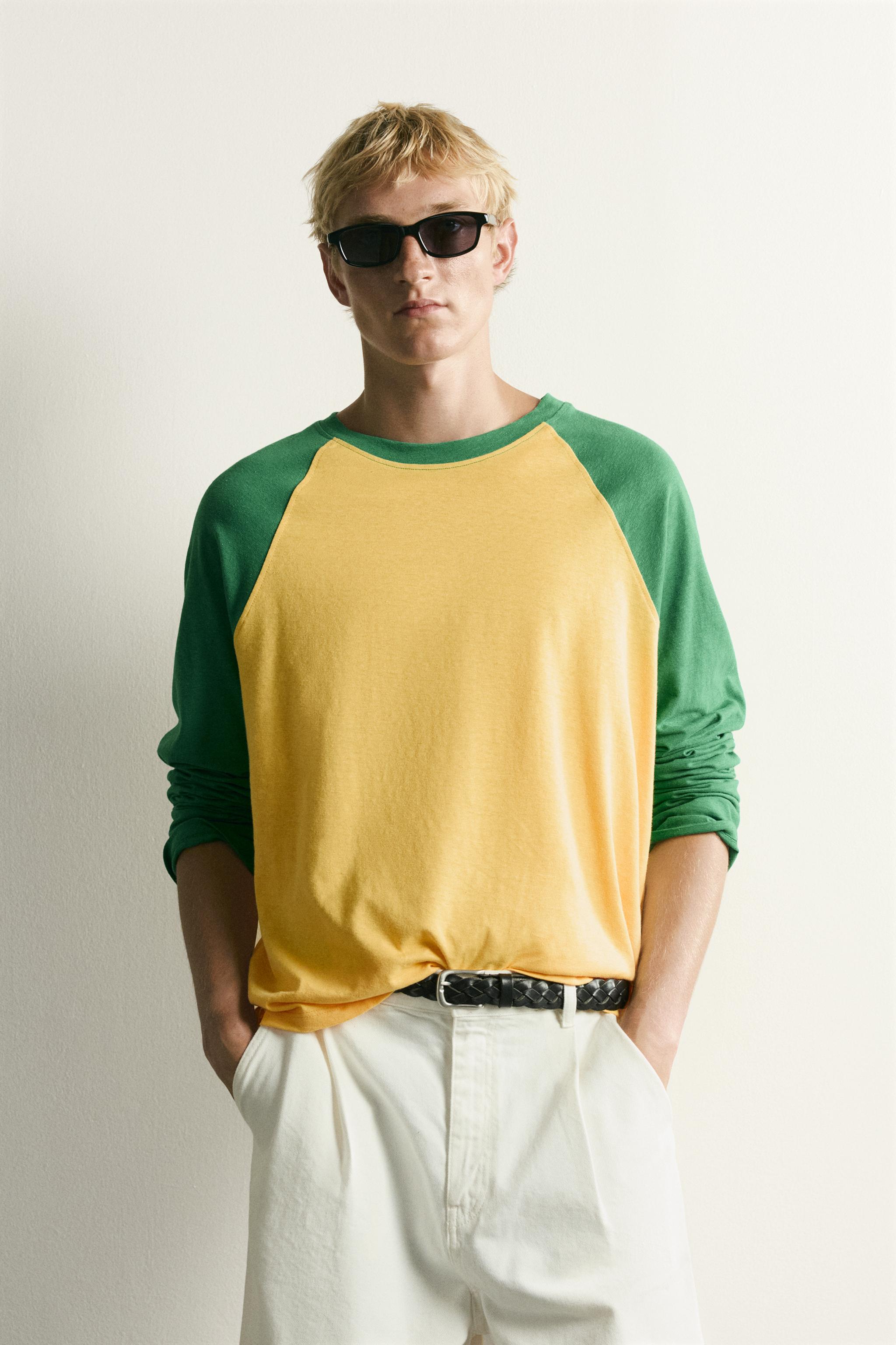 COTTON-LINEN LONG SLEEVE RAGLAN T-SHIRT — Green