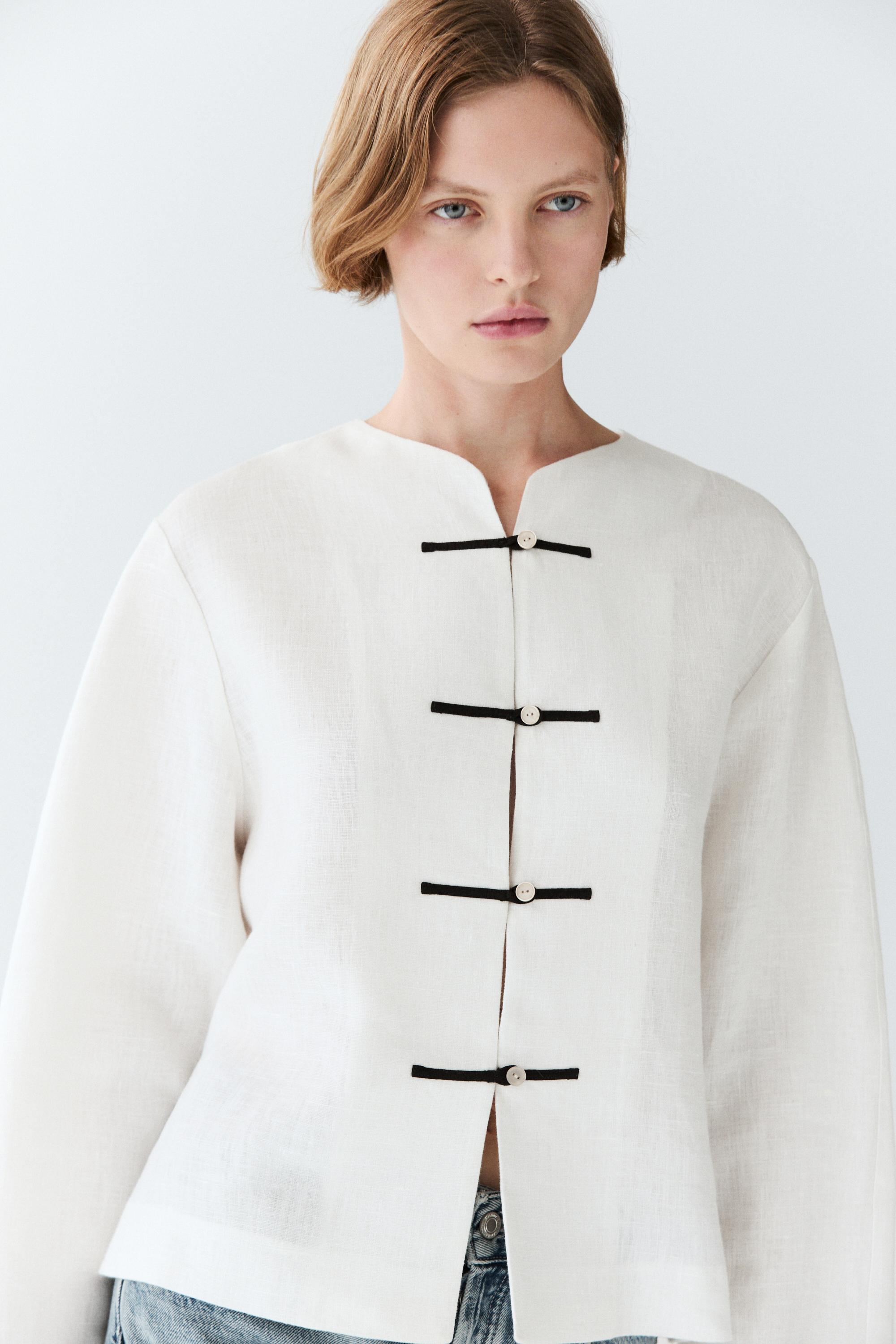 100% linen flowing shirt with button detail — Oyster-white
