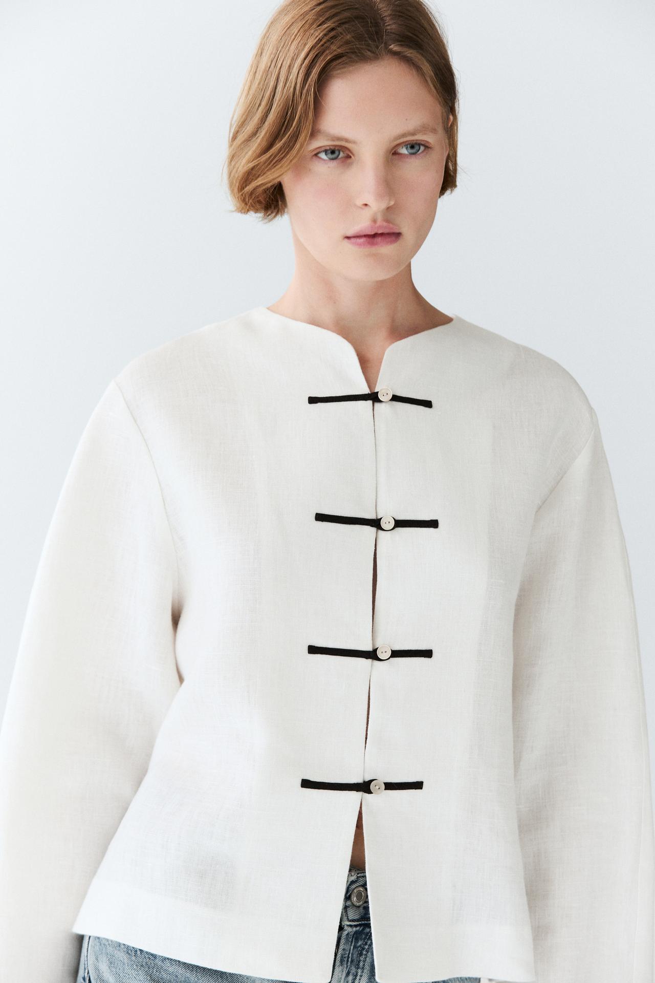 100% linen flowing shirt with button detail — Oyster-white