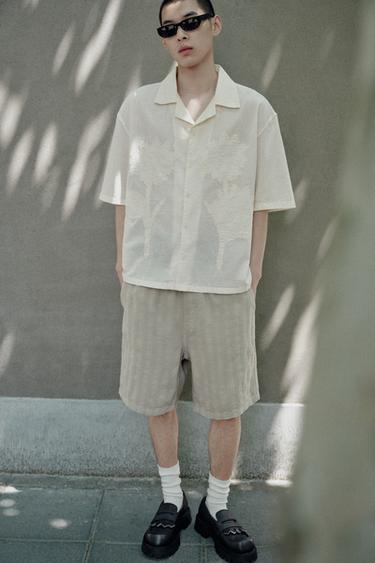 Zara 條紋提花短褲 - 米色