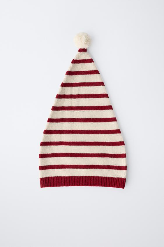 STRIPED KNIT HAT WITH WOOL POMPOM