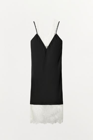 SATIN DRESS WITH CONTRAST LACE - Black by Zara - Image 4