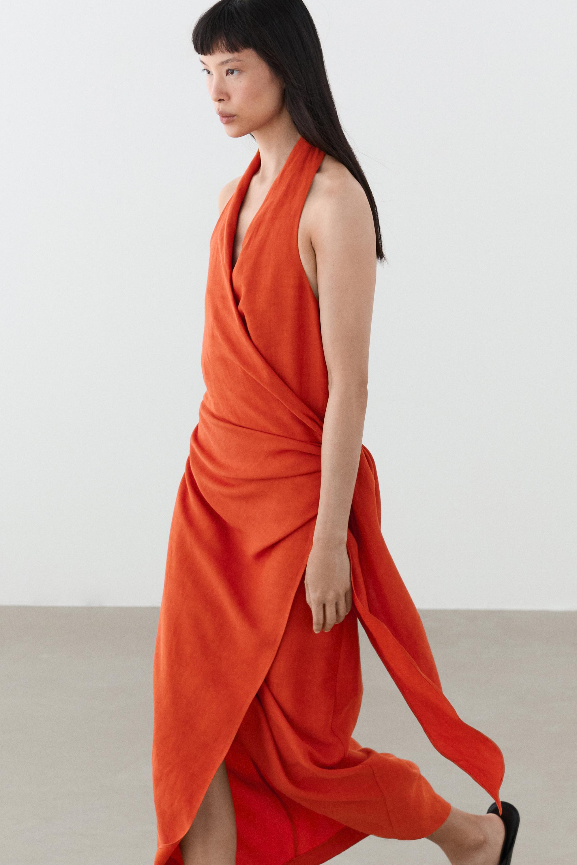 Draped midi dress with bow detail — Russet