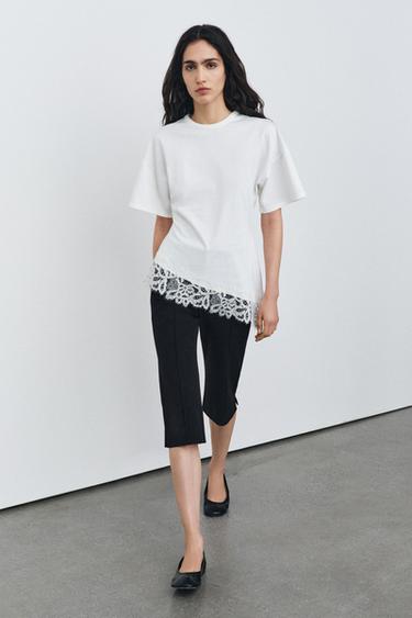 Zara HEAVY COTTON LACE T-SHIRT - Oyster-white