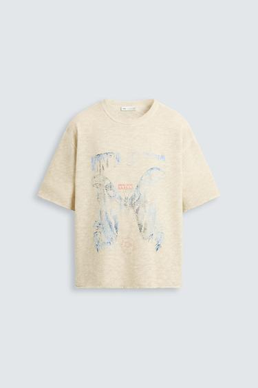 Zara PRINTED WASHED KNIT T-SHIRT - Ecru