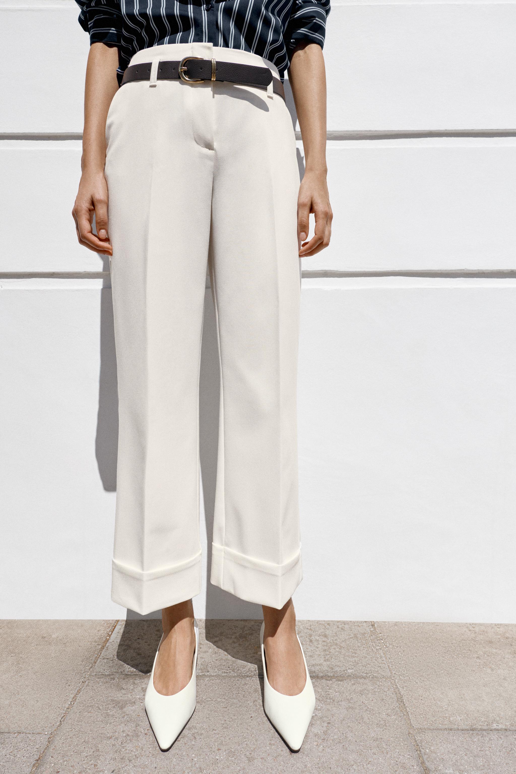 CUFFED HEM BELTED PANTS — White