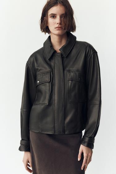 CAZADORA PIEL 100% BOLSILLOS - Marrón de Zara