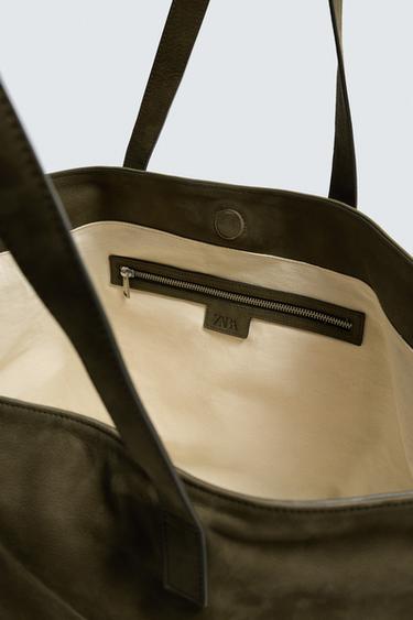LEATHER TOTE BAG - Khaki Green by Zara - Image 5