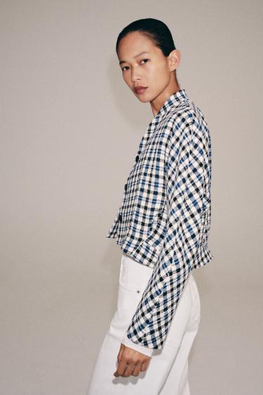 ZW COLLECTION CHECK JACKET - Ecru / Blue by Zara