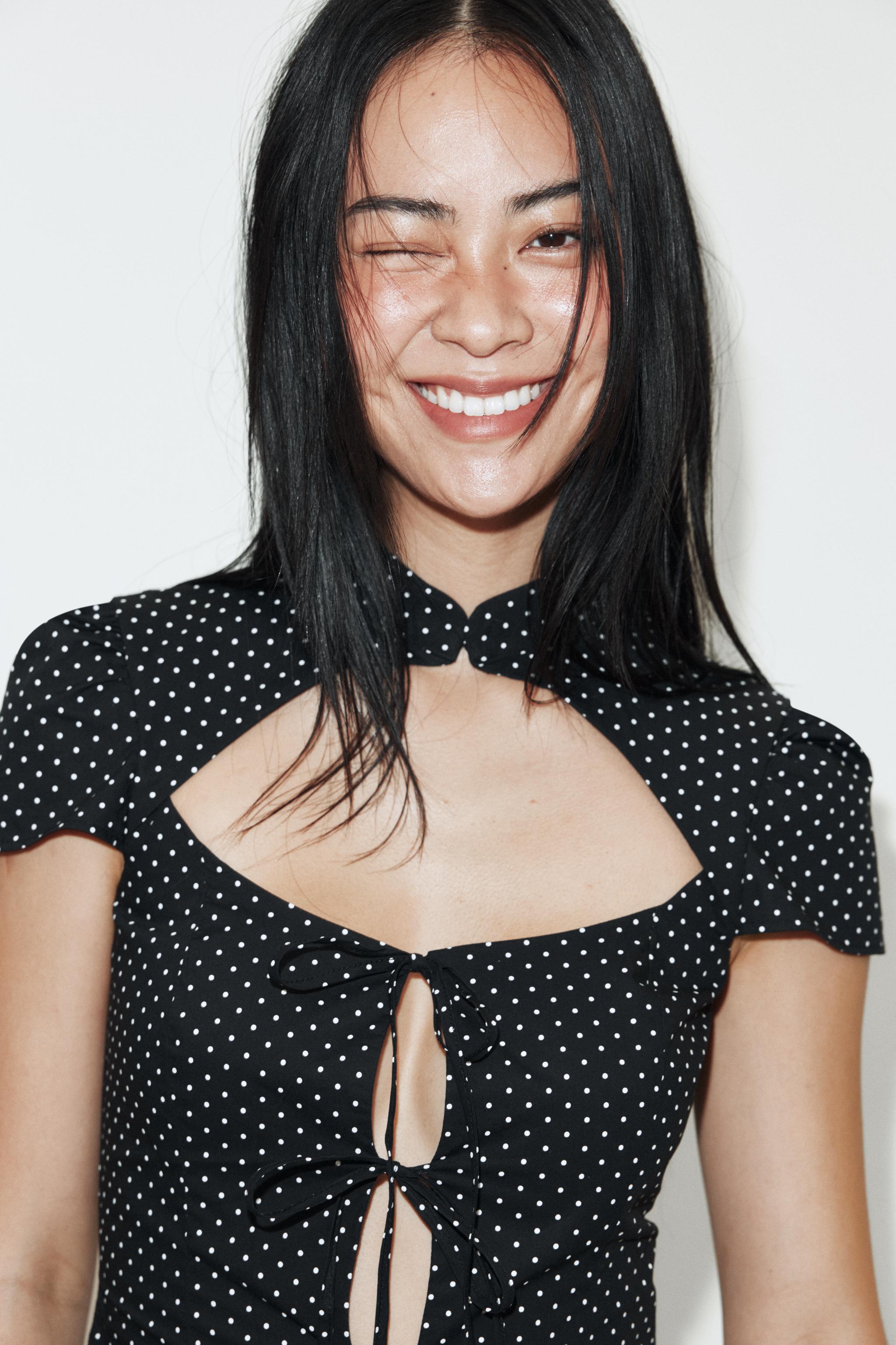 Женские рубашки Zara POLKA DOT POPLIN SHIRT WITH TIE OPENING — фото 2