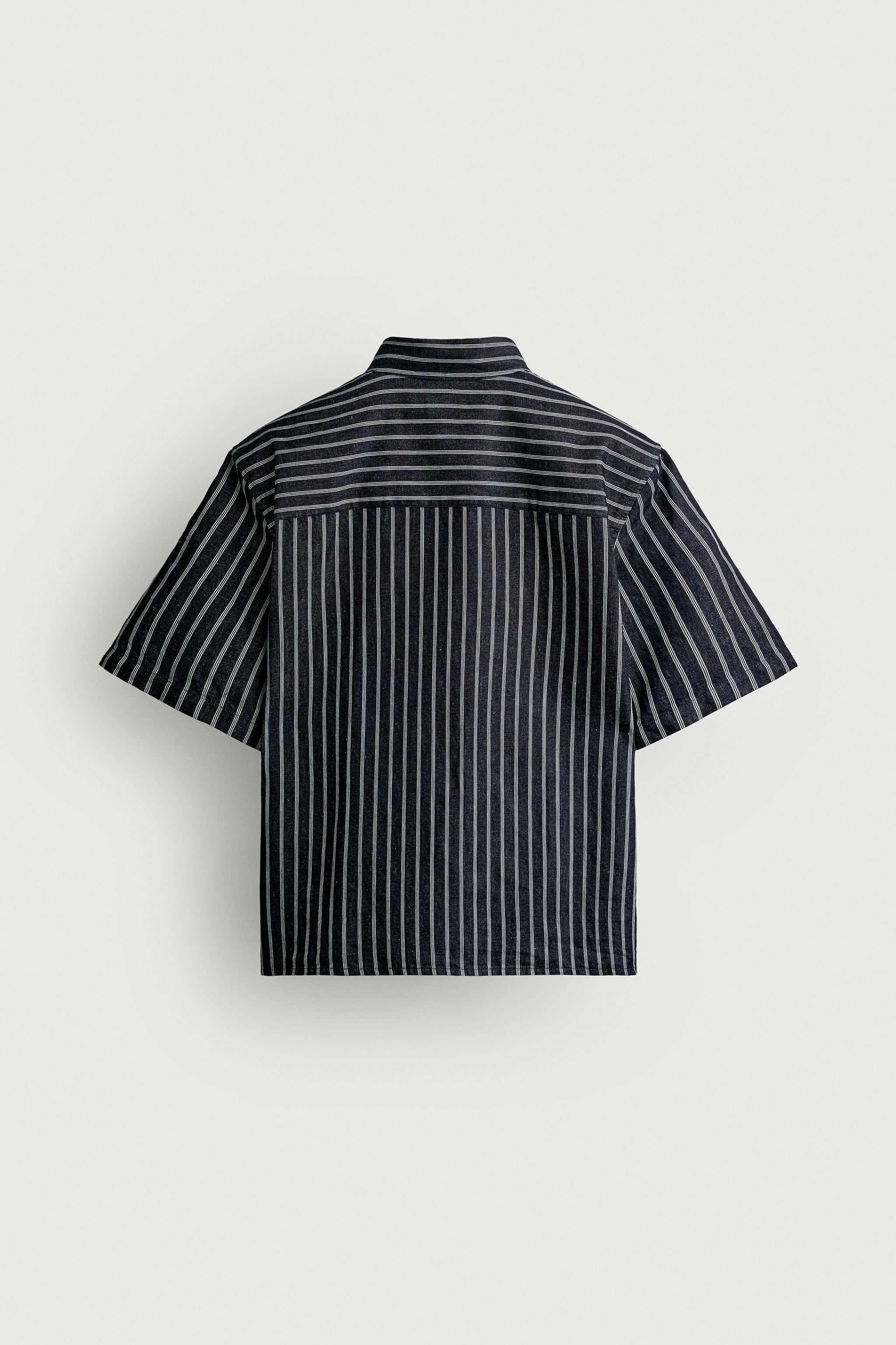 Мужские рубашки Zara STRIPED COTTON-LINEN DENIM SHIRT — фото 8