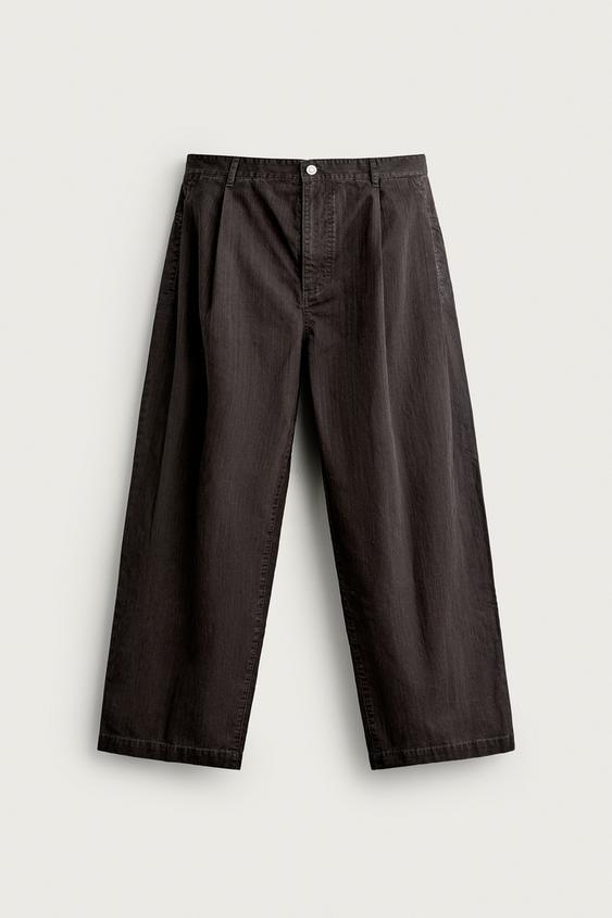 Zara 寬鬆版打褶長褲 - 棕色 - 圖片 0