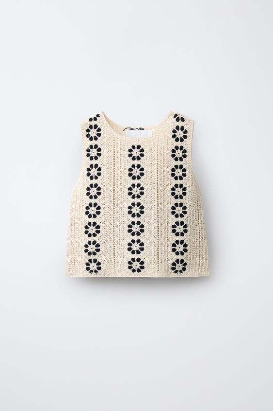TOP DE TRICÔ COM FLORES DE CROCHÊ - Cru da Zara - Imagem 0