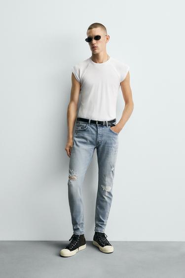 Zara RIPPED SKINNY FIT JEANS - Light blue