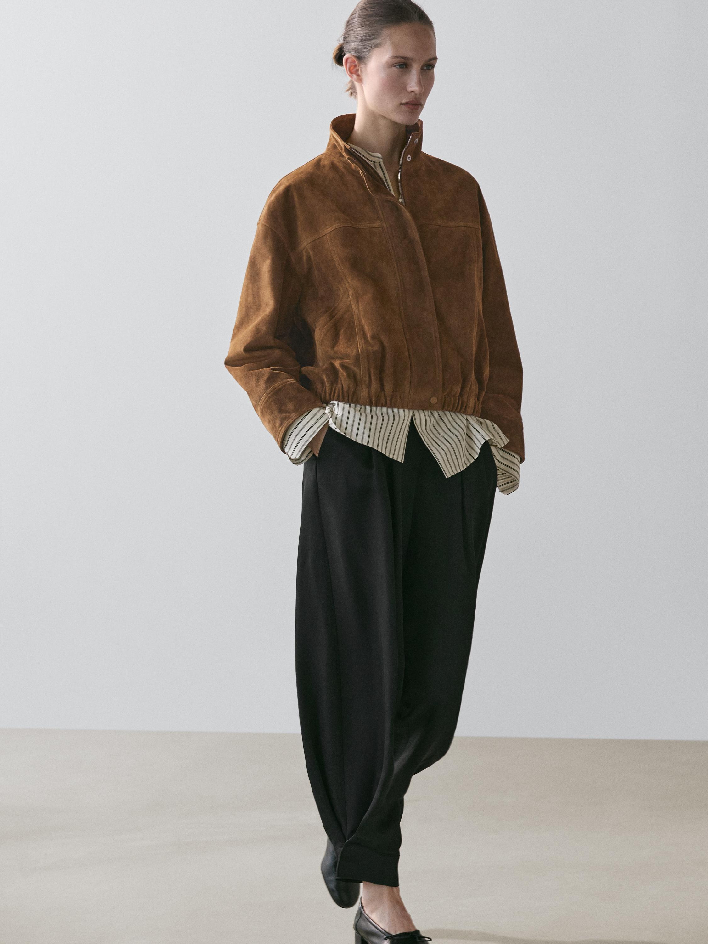 Blouson bomber court en cuir daim