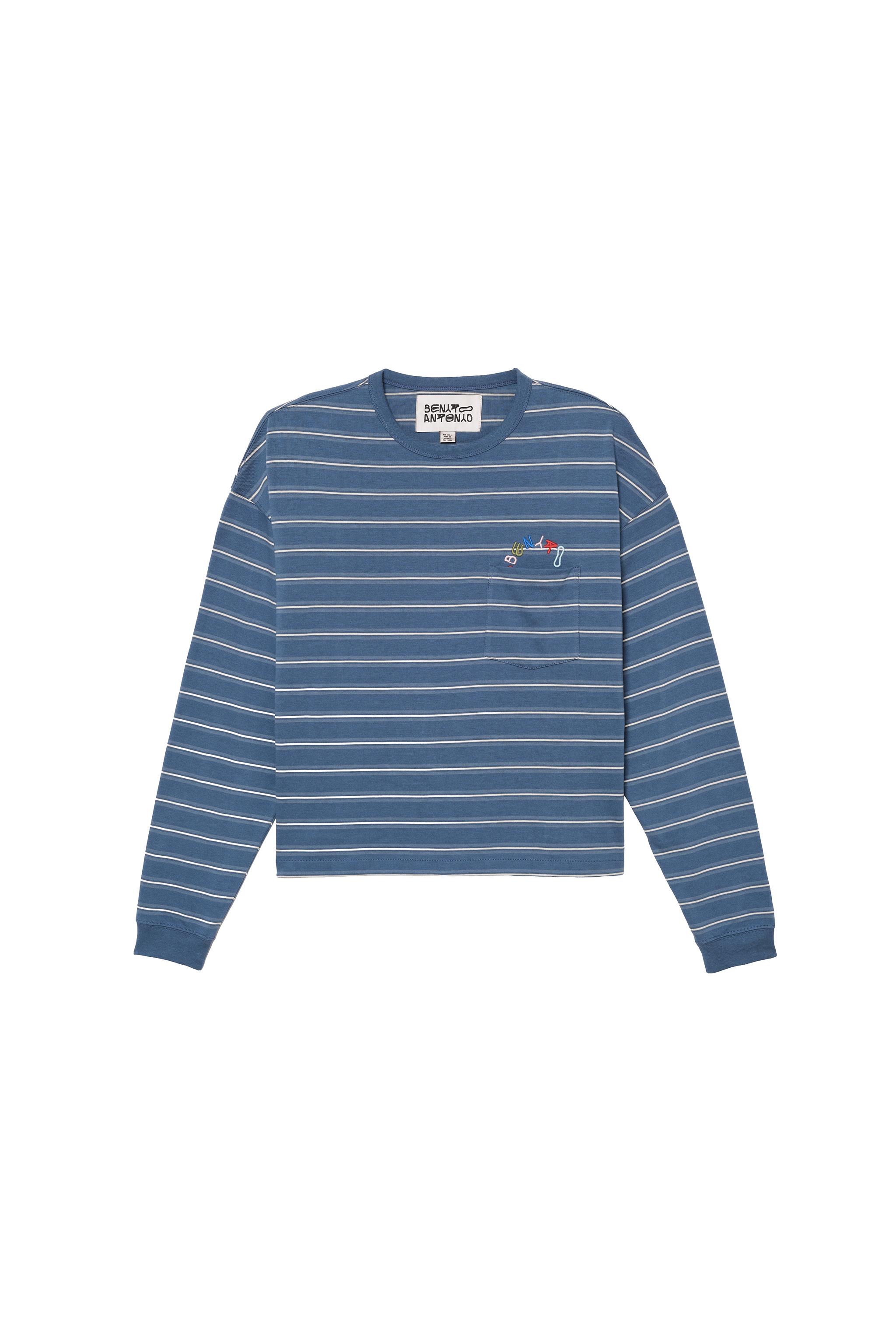 EMBROIDERED STRIPED POCKET T-SHIRT — Blues