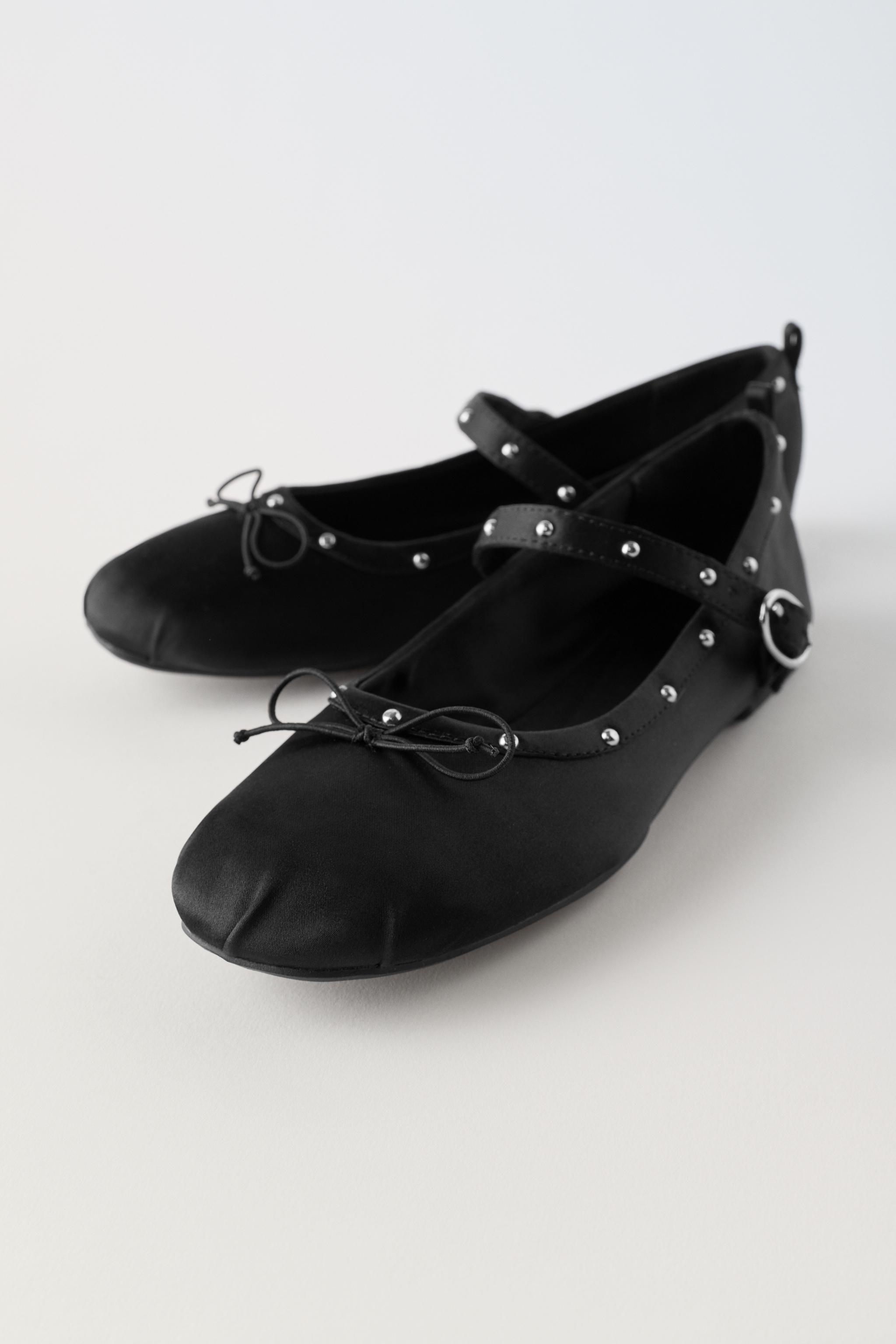 NEW ZARA LEATHER STUDDED LACE-UP BALLERINA BLACK SHOES 37 4 6.5 RARE