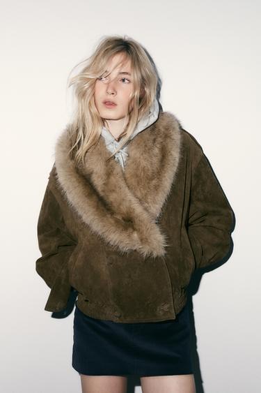 Zara 100% FUR SUEDE LEATHER JACKET - Khaki