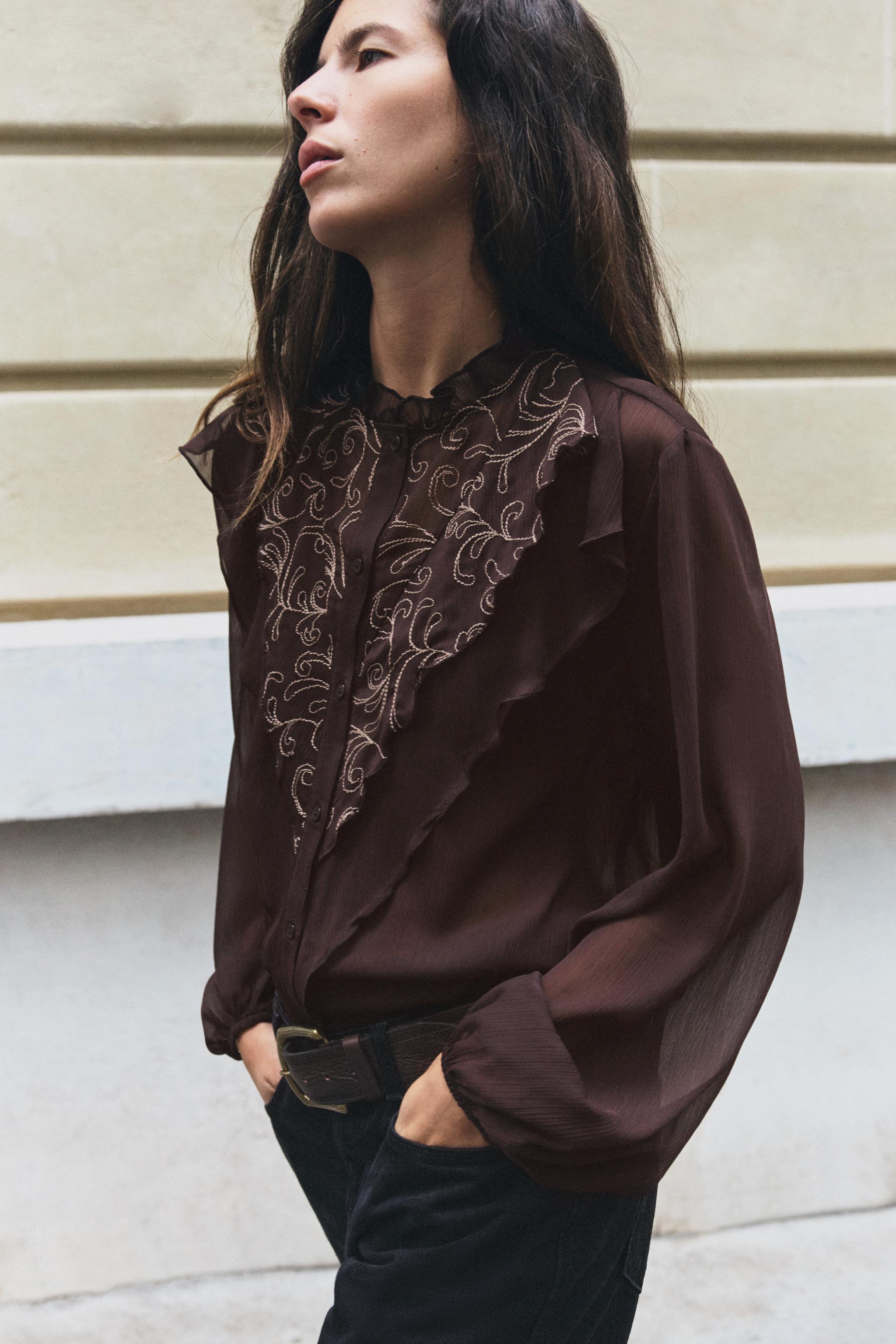 EMBROIDERED RUFFLE BLOUSE