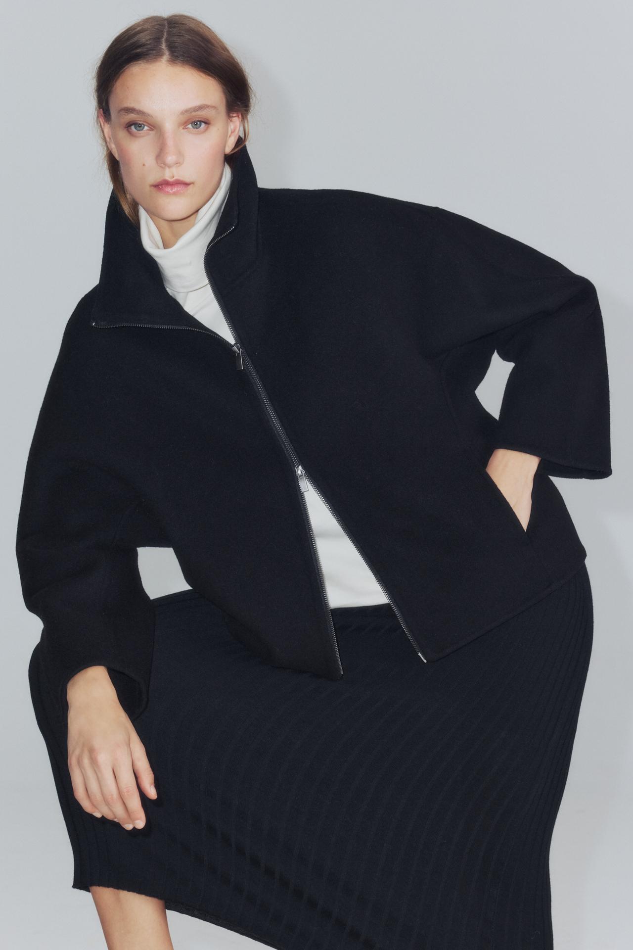 ZW COLLECTION WOOL-BLEND CROPPED COAT — Black