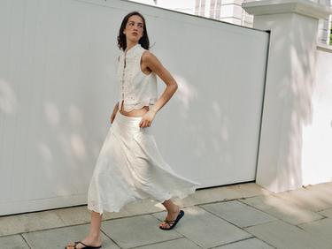 EMBROIDERED EYELET MIDI SKIRT — White 1