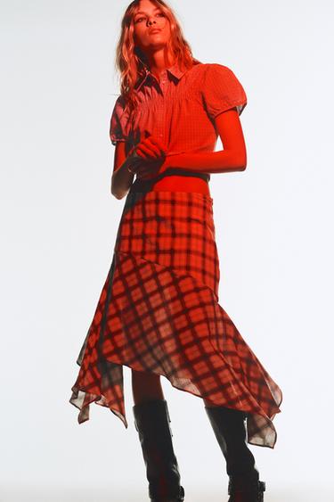 ASYMMETRIC CHECK SKIRT - Ecru / Blue by Zara