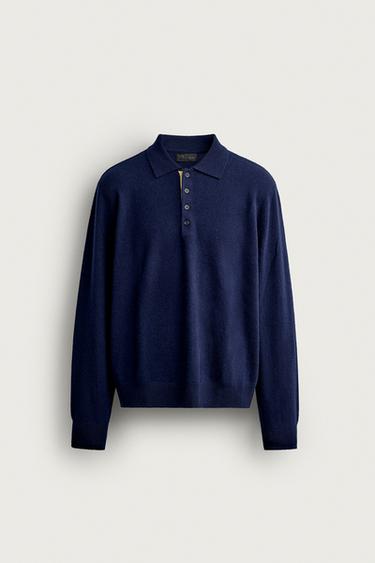 100% WOOL CONTRAST KNIT POLO — Navy blue 1