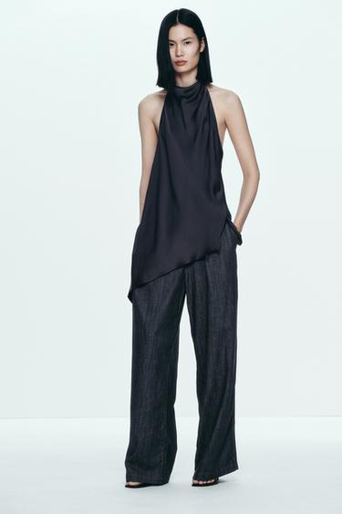 Zara ZW COLLECTION 緞面繞頸吊帶上衣 - 石油色