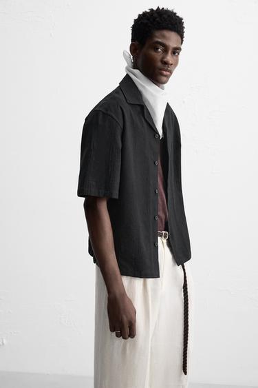 CHEMISE EN COTON ET LIN BRODÉE - Noir de Zara - Image 4