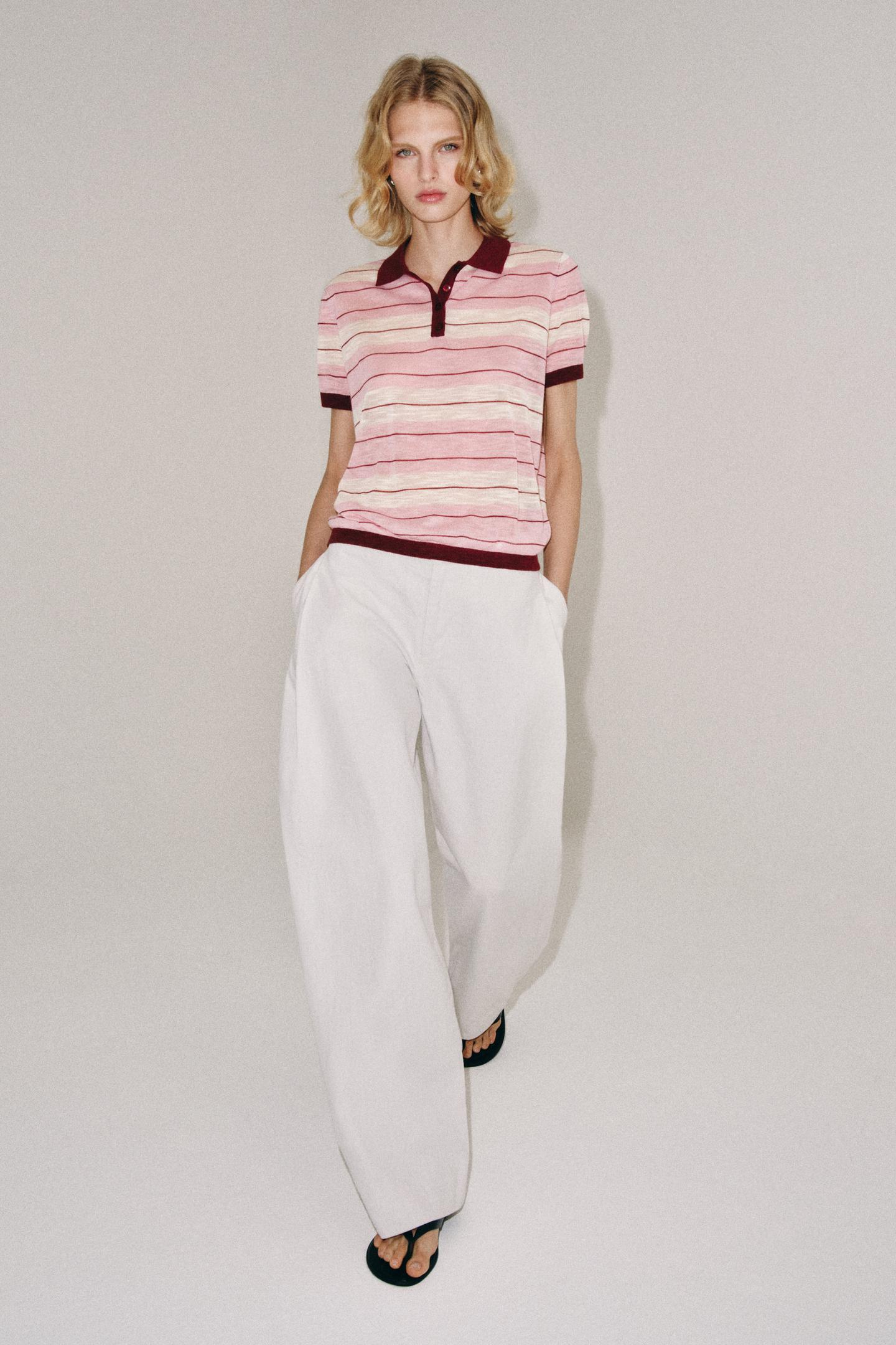 Поло Zara Striped Knit Polo, цвет: Розовый / Белый — фото 4