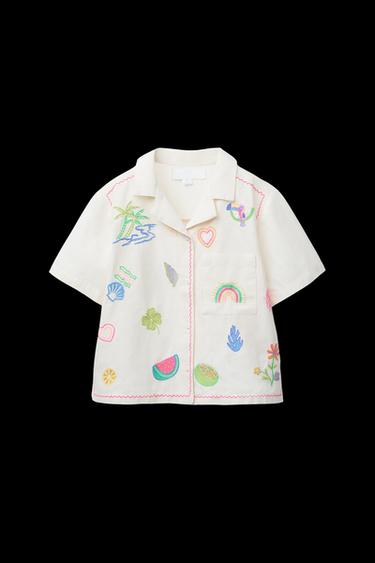 Zara SHIRT WITH DIFFERENT EMBROIDERY AND LINEN - Ecru - Image 0