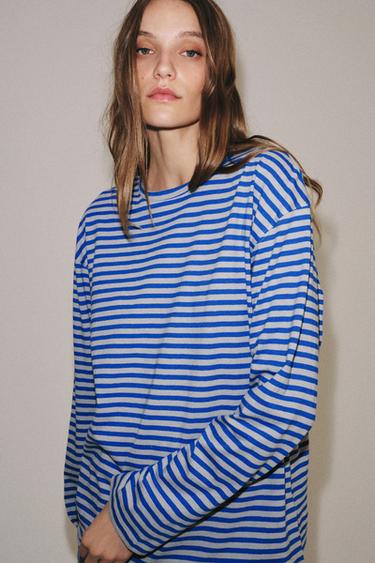 Zara COTTON AND LINEN STRIPED T-SHIRT - Gray / Blue