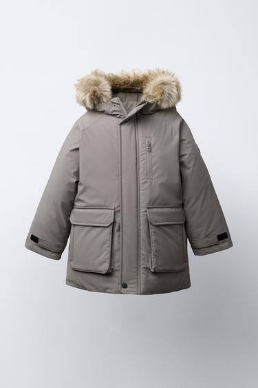 WATER-REPELLENT PARKA WITH DETACHABLE FAUX FUR HOOD - Taupe grey by Zara