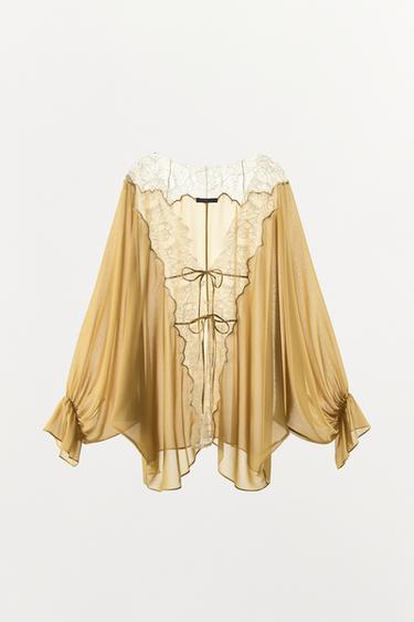 חולצה משולבת תחרה ZW COLLECTION - נפט של Zara