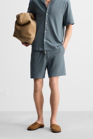 Zara Mavi / Çelik - DOKULU RELAXED FIT BERMUDA