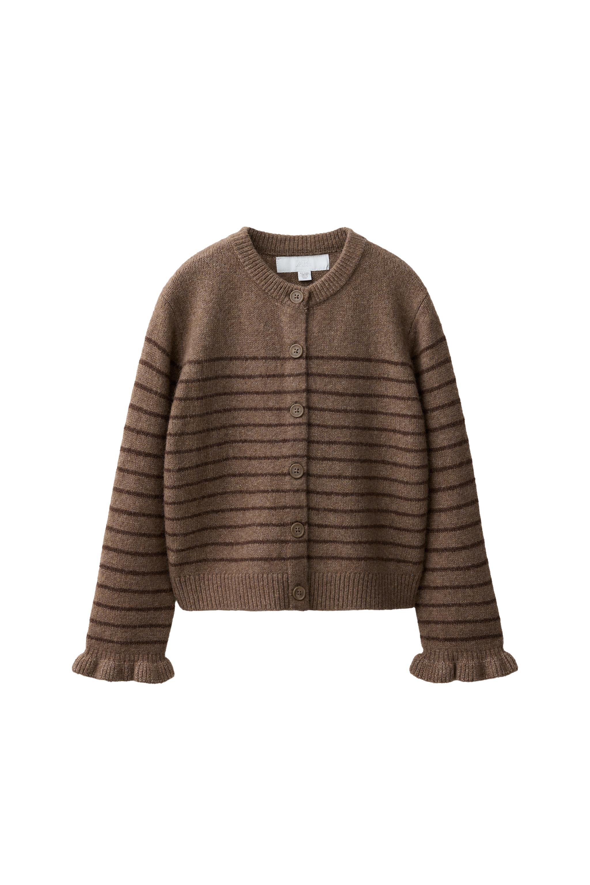 STRIPED RUFFLE KNIT CARDIGAN - taupe brown | ZARA United States