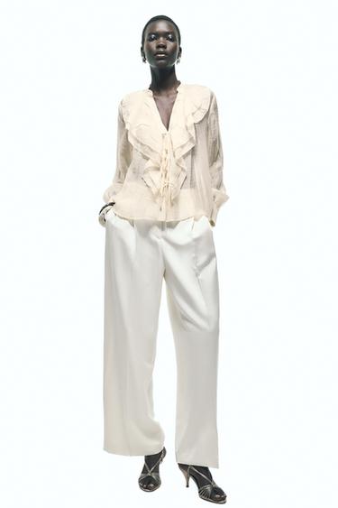 Zara WIDE LEG FLOWY PANTS ZW COLLECTION - Oyster-white