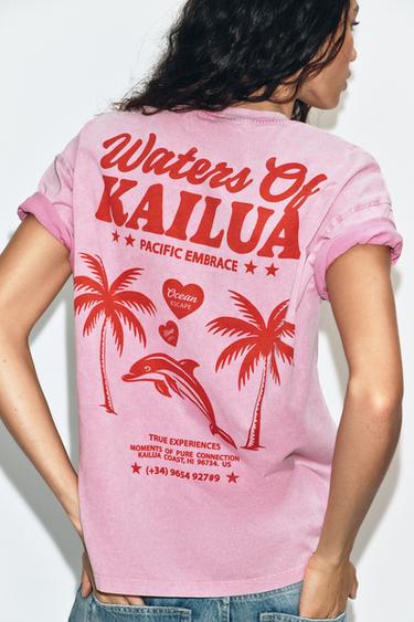 Zara WASHED EFFECT TEXT T-SHIRT - Pink