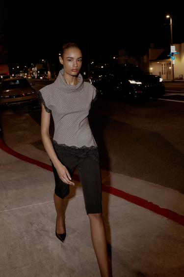 HOUNDSTOOTH LACE TOP - Ecru / Blue by Zara - Image 0