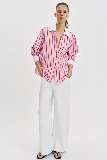 OVERSIZE STRIPED SHIRT WITH CONTRAST CUFFS - Pink / White by Zara
