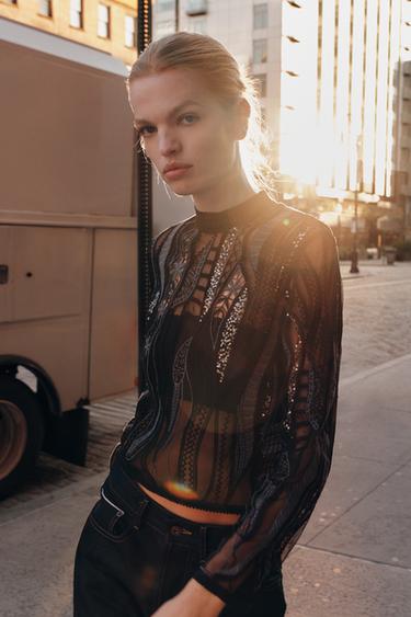 ZW COLLECTION EMBROIDERED SEQUIN TOP - Black by Zara - Image 0