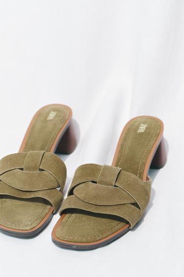 SANDÁLE Z BRÚSENEJ KOŽE S REMIENKAMI NA PODPÄTKU - Kaki zelená zn. Zara