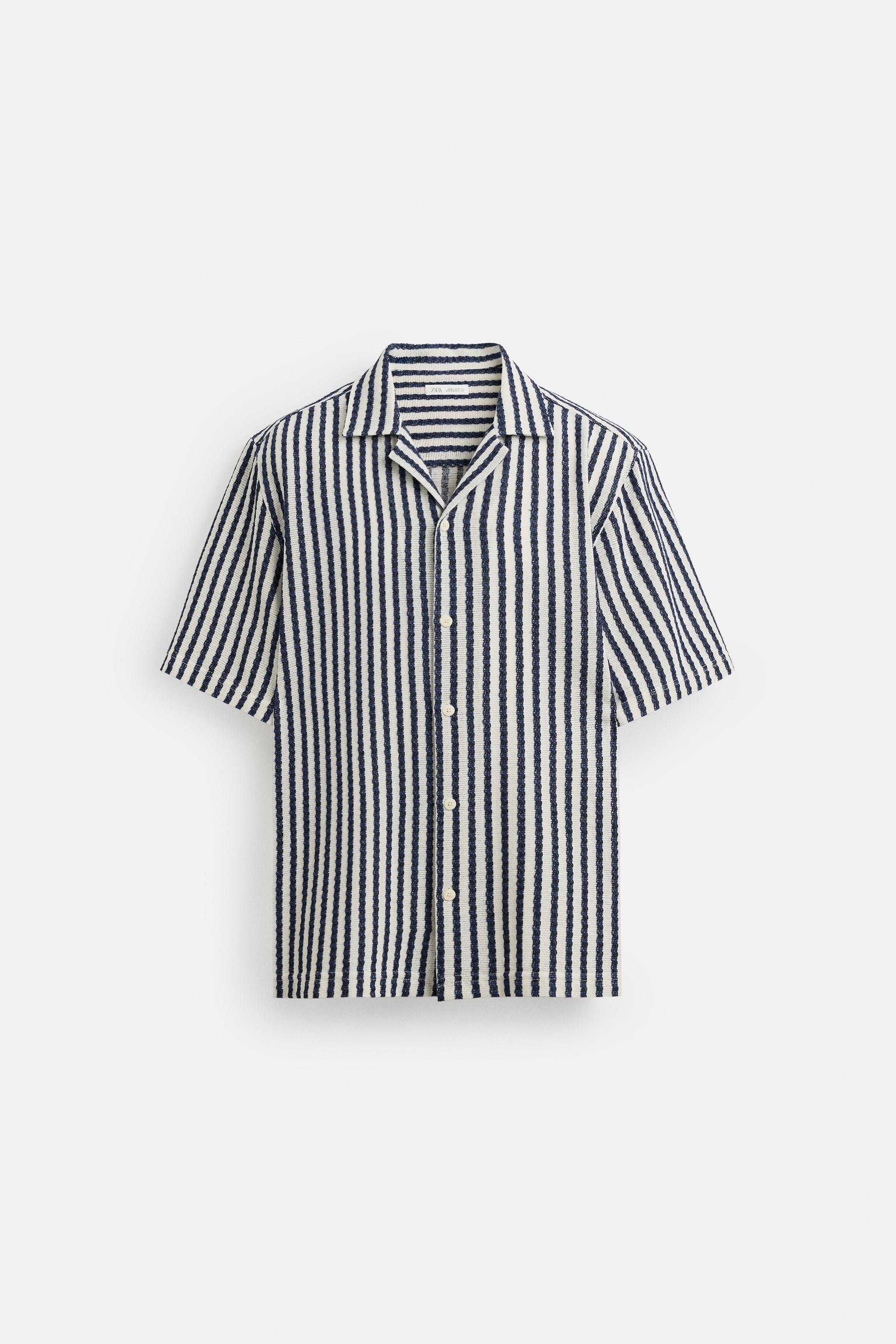 美品【ザラ】シアサッカー ライン グラフィック半袖シャツ モノトーンXL 黒×白 ZARA - 美品【ザラ】シアサッカー ライン グラフィック半袖