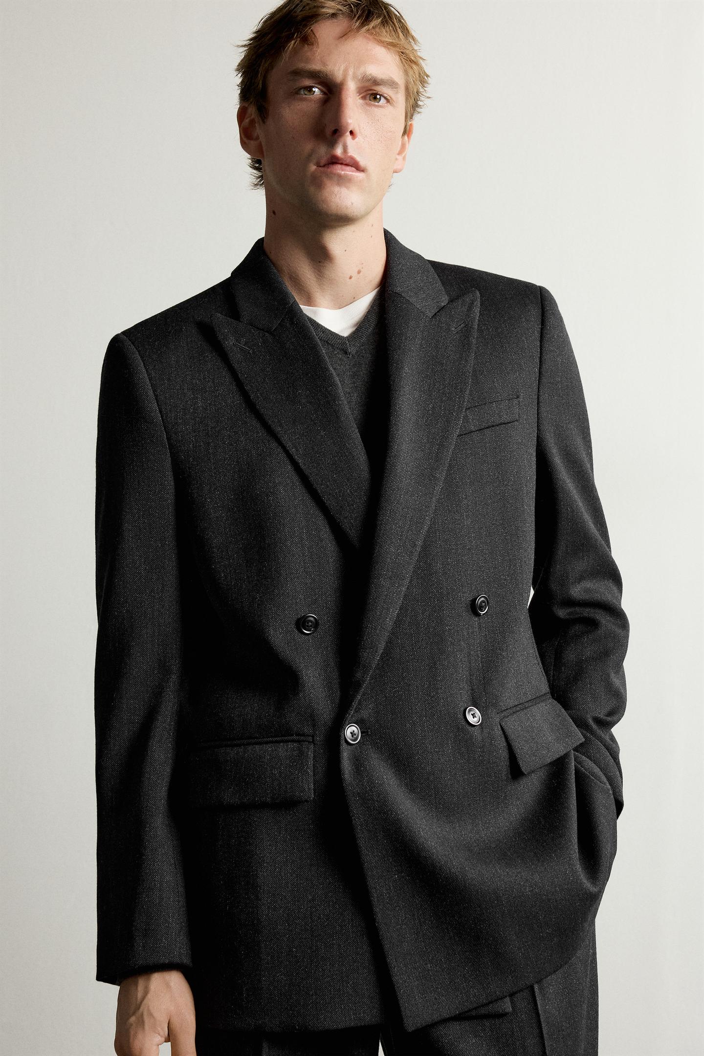 Мужской пиджак Zara 100% Wool Manteco® Double-Breasted Suit Blazer, цвет: Серый меланжевый — фото 5