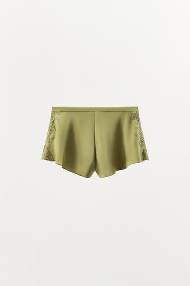 SATIN SHORTS WITH LACE TRIM - Green by Zara