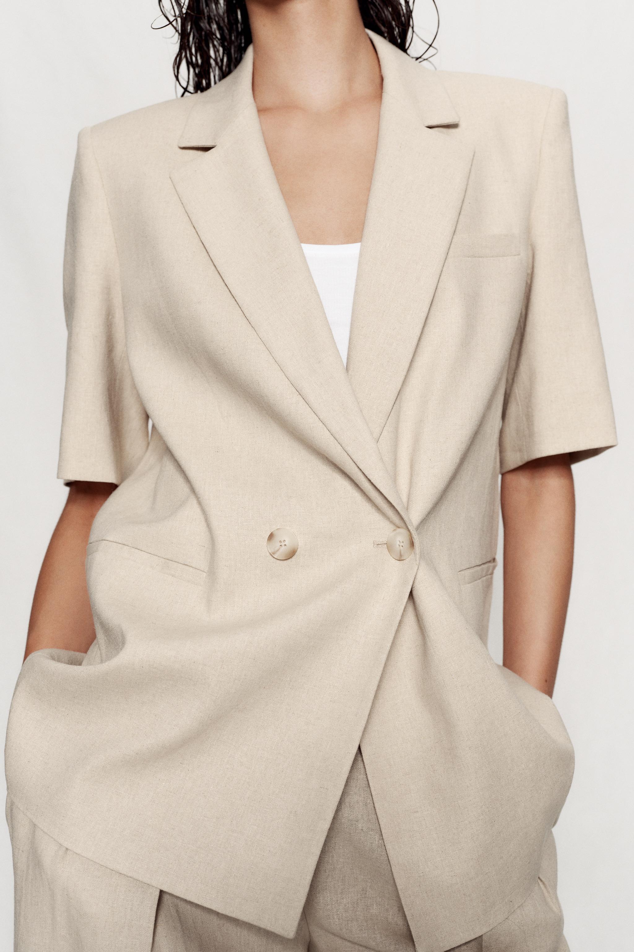 DOUBLE-BREASTED LINEN BLEND SHORT SLEEVE BLAZER — Light beige