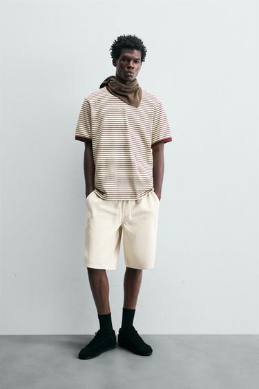 STRIPED T-SHIRT WITH CONTRAST RIB - Ecru / Maroon by Zara - Image 0