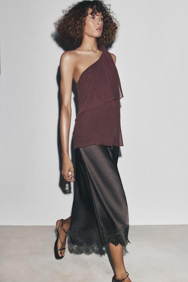 FALDA SATINADA ENCAJE ZW COLLECTION - Marrón oscuro de Zara