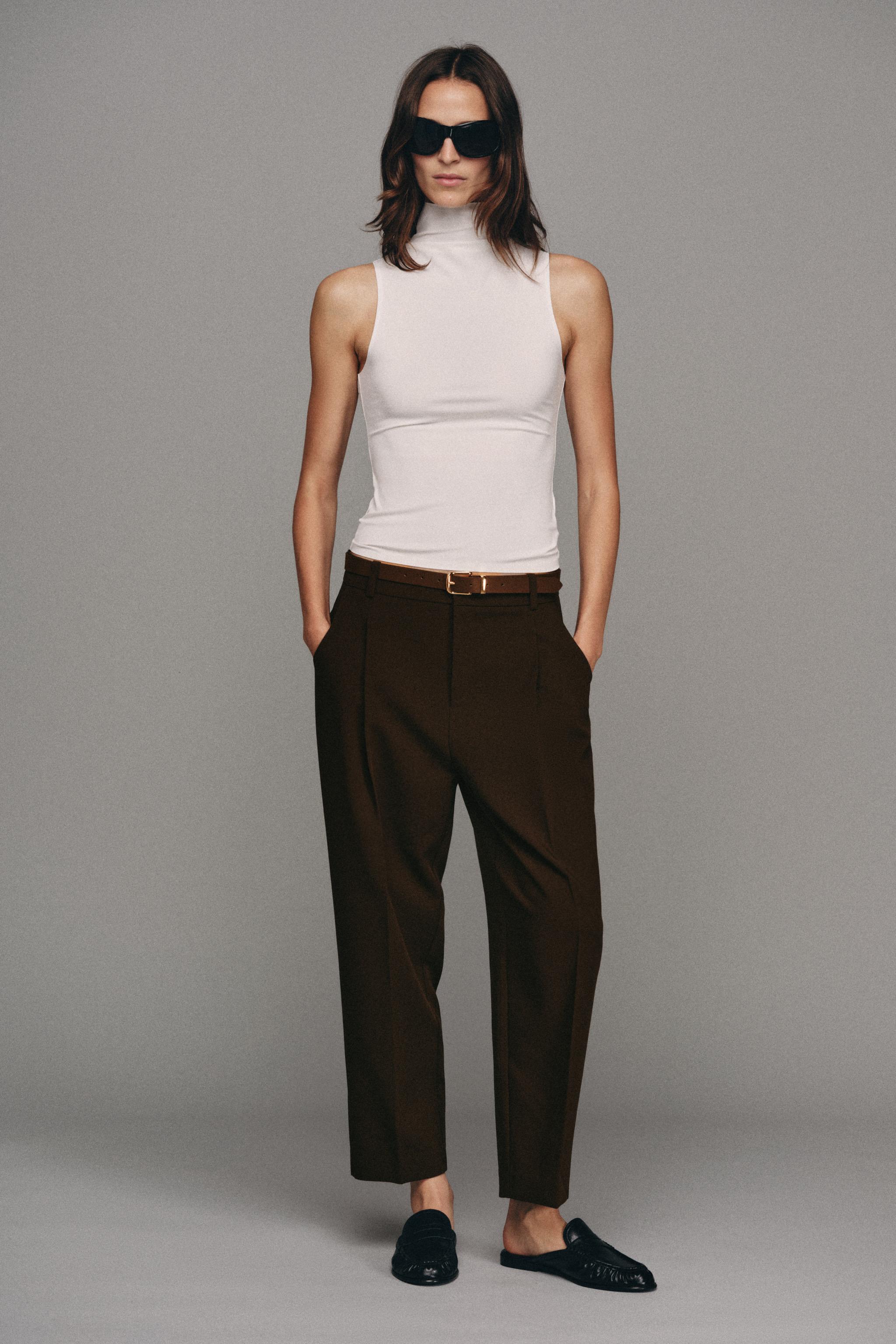 BELTED ANKLE PANTS — Dark brown