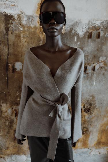 CARDIGAN I STRIK MED BÆLTE - mink fra Zara